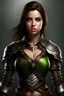 Placeholder: A full-body photorealistic portrait of a sexy 25-year-old female rogue. She has a beatiful face, brown hair that is very long, and green eyes. She is standing. Ultra wide full-body shot focused on the face. Fantasy setting. She wears leather armor.