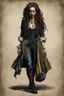 Placeholder: full body colored etching of a malevolent, predatory vampire buccaneer girl with highly detailed dreadlock hair and facial features ,in the style of Rembrandt, Gian Lorenzo Bernini, and Johannes Vermeer, with a fine art aesthetic, highly detailed , realistic , 4k UHD