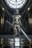 Placeholder: full body picture of a skinny woman with a bob, in silver armour, holding a curved sword, futuristic steampunk background