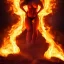 Placeholder: woman made of fire, full face, fire angel, hair made of fire, hair covering breasts, fire all around, only wearing bikini made of fire, extremely detailed, photo style, style of photo, lava background