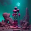 Placeholder: A hyper-realistic 3D Surreal digital painting, magenta droid mechanic, rich deep teal background, dreamlike imagery, fantastical elements, perfect body ,dymond , boots