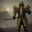 Placeholder: a Midieval knight in metallic gold and grey battle armor, attacking and holding a hockey stick, a highly detailed illustration, background of Inka castle, realistic render, in style of tomasz alen kopera,