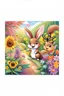 Placeholder: The cute bunny excitedly looks at a bright yellow sunflower in the colorful garden, the beautiful butterfly and friendly brown squirrel are smiling, child book illustration style, faces must be the same as reference image