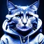 Placeholder: sad cat wearing a blue hoodie, studioportrait, dramatic lighting