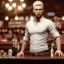 Placeholder: large broad shoulder man wearing a white shirt, big belly, blonde hair sticking out at the sides, standing in a bar, illumination, brilliant coloring, smooth, sharp focus, crispy quality, vray; Artstation; HD, HDR, SF, CGSociety, 16k, photorealistic, unreal engine