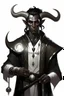 Placeholder: En Young male Black skin black hair tiefling Wizard with large horns glowing Silver and White symbols