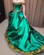 Placeholder: Busty princess with long auburn hair green eyes wearing a big dark teal green and gold satin ballgown corset off shoulder top casting magic full body and face