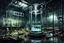 Placeholder: abandoned lab, a large glass tube filled with water and an experiment, post-apocalyptic style, night