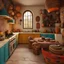 Placeholder: A whimsical and vibrant Nubian-style rustic kitchen fully equipped featuring white cave rocks as decor. The room showcases colorful artistic Nubian furniture, intricate patterns, and designs under warm lighting. Cozy seating arrangements invite you in, creating a visually stunning and culturally rich aesthetic. With a playful and eclectic atmosphere, mixing textures and colors, the room exudes an epic realism in cinematic 8K quality.