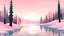 Placeholder: cartoon illustration: ice frozen lake with pines and pink sky