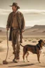 Placeholder: Full body cowboy in a desert with a dog and fancy walking stick