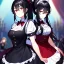 Placeholder: Clear focus, 8k, beautiful lighting, vibrant colors, girl, black hair, long hair, vibrant red eyes, ponytail, messy hair, hair in between the eyes, maid,