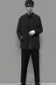 Placeholder: Long black formal jacket with a black shirt and gray pants Photorealistic