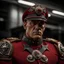 Placeholder: A 3/4 photography shot of john cena portrayed as M.Bison a character from Street Fighter. fine details red military uniform with silver shoulder plates, wrist bands, and shin guards. on his peaked/service cap is the skull insignia. fine hyper-detailed mean face. professional photo, high resolution, high detail, 40mm lens, correct angle. in fighting stance. japanese dojo background