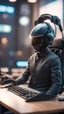 Placeholder: head set helmet rig with chair and with keyboard attached ,bokeh like f/0.8, tilt-shift lens 8k, high detail, smooth render, down-light, unreal engine, prize winning