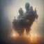 Placeholder: photographic camera in abstract style. fog and smoke in atmosphere. bokeh, lens flare. Dark mood. Dripping paint. oil on canvas, high detailed. beksinski