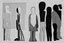 Placeholder: monochrome, cardboard figure on the left of the picture, stocky human figure with a head tilted to the left, almost no neck, no face or hair, schematic drawing, against a dark grey background with a symmetrical pattern, a lighter grey, almost monochrome, in moonlight, crayon drawing in shades of grey and black, ethereal, cinematic postprocessing