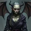 Placeholder: The demon witch, Lorissa Nightshade, appears—a gaunt, pale woman with hollowed out eyes and wearing tattered and torn robes. Grimdark realistic