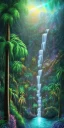 Placeholder: Triipy rainbow turquoise neon waterfall with palm trees sparkling at night in a cave detailed realistic glowing