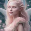 Placeholder: a large pink castle, a cheerful fairy in front, big smile, pink, blonde hair, beautiful, whole face, whole top hair head, wide open blue eyes, transparent wings onn the back, hyperrealism, masterpiece, expert, cinematic lighting, sharp focus, 8K, pastel, macro lens, woman, detailed, flower