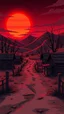 Placeholder: Abandoned cartoon village under blood-red sunset, broken fences, empty cabins, eerie wind bending shadows, VHS distortion, muted colors with neon accents, 9:16