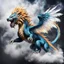 Placeholder: a sturdy colorful winged lion-like asian dragon with curly white fur, smokey breath and fire, claws, spikes along back, a long tail, moving forward out of the smoke and mist, webbed wings, attacking