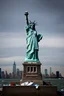 Placeholder: the statue of liberty, dress tattered an torn, her face solemn and terse, trash littered at her feet, the skyline dark and grungy