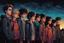 Placeholder: whimsical stylized illustration of young people with big eyes, tiny nose, tiny mouth and messy hair in complementer colors cloths, they stand in line on a high rooftop, surreal, thriller mood, smooth blending, extremely detailed, realistic textures, lights and shadows, cinematic, dark mood