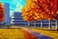 Placeholder: Sunny Day, futuristic buildings near the autumn trees, highway, sci-fi, impressionism painting