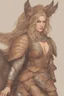 Placeholder: A drawing of beautiful woman with blond hair, viking braids Brown leather armor. Horse