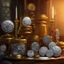 Placeholder: dynamic lighting, Intricately detailed, Splash screen art, deep color, Unreal Engine, volumetric lighting, silver coins, gold coins, silver treasure, stacked coins, indoors, study room, candle, altar, black table, sigil, shiny,