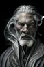 Placeholder: a photo of an White man with ethnic jewelry, grey hair and grey flowing robe, in style of Annie Leibovitz, contemporary portrait of a mature yet beautiful and modernist man, black and grey, detailed masculine face, swirling fluid smokey enigma, award-winning artwork