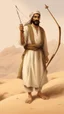 Placeholder: A scene in the desert of a Muslim man from the era of his companions, the Prophet. He is tall, strong in build, and has a cheerful face. He has long black hair, black eyes, and a thick mustache. He has a bow and arrow in his hand