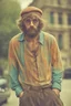 Placeholder: Hippie bohemian young man with Parisian bohemian look and glasses of colours and poor and short short short and poor hair on the head with receding hairline. Farsightedness glasses with big eyes. Long beard. Vintage look and feel like photo styleof the 70s