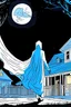 Placeholder: A white-pale ghost leaving a house forever. Nighttime, moonlit, back, white and blue palette