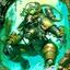 Placeholder: 90's TCG retro scifi art of a steampunk diver with big armor