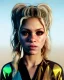 Placeholder: portrait, Shakira, blonde artist, angry, Realistic image, MMA robe, hoodie, mma gloves, loose long hair, eyes, makeup, gold line make up, moisture, sweat, fog, goddess, Neon colors, leds. Black background, photo studio, concept art, smooth, unreal engine 5, god lights, ray tracing, RTX, lumen lighting, ultra detail, volumetric lighting, 3d, finely drawn, high definition, 4k.