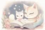 Placeholder: cute chibi cat mother reads a fairytale book to his baby kitten in a bed, flower tapestry, in a bedroom in candlelight, S<AI, watercolor and black ink outlines, soft, shading strokes, light pastel colors, ethereal, cinematic postprocessing, bokeh, dof