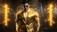 Placeholder: Hyper Realistic handsome muscular Electric-Superhero with short-black-hair wearing long-fancy-yellow-tuxedo-with-golden-circuit-patterns & fancy-golden-sunglasses in a dark-rustic-circuit-room with electric-sparks-&-rays & a massive circuit-board-wall with-glowing-embers showing dramatic & cinematic ambiance.