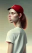 Placeholder: girl, cute, beautiful, red hair, black backwards cap, white tee shirt, long hair, head and shoulders portrait by Greg Rutkowski