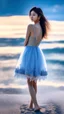 Placeholder: very nice real face beautiful sexy Woman with make up at the beach standing pose in a short lace dark blue and silver dress, full body, 3D coudy sky volumetric nice clouds 8k sharp focus