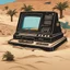 Placeholder: console Mega drive géante abandonner dans le dessert a moitié enterré dans le sable, ambiance retro