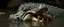 Placeholder: crocodile hippo with fluffy hair, doing dog things and eating small dog in the style of fallout 4 and giger and escher