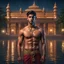 Placeholder: Hyper Realistic handsome Young shirtless muscular short hair Indian king with wet chest standing in a lake outside traditionally beautiful Indian palace at night