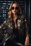 Placeholder: Full body Real photography beautiful woman super model European on fashion style dressing luxury jacket diamonds patterns,sunglasses,turn on music DJ player in disco club