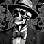 Placeholder: LINE TONE, WSJ STYLE, HEDCUT, ultra high image quality, HEAD AND SHOULDERS SHOT, SKELETON, WEARING A 3 PIECE SUIT, POSED FOR DOLLAR BILL PORTRAIT, , Close-up of an set against AMOLED-worthy pure black backdrop, fantasy art style infused with filter, tailored for vertical wallpaper, exclusive design with no duplicates, radiating beauty suitable for a PC screen image, vivid colors, ultra fine, digital painting, BASED ON THE UNITED STATES TREASURY NOTE ONE DOLLAR BILL