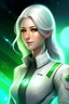 Placeholder: beautifull woman starship commander, white jumpsuit bright galaxy, white hairs, leader galactic, guardian of galaxy, master angel light coordinator, chef leader, white clear spaceship, light warior chief, very clear green eyes, angel