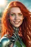 Placeholder: beautiful red-haired human-alien-cyborg hybrid woman with long hair and green eyes , ruddy skin, beautiful, full lips, a minuscule amount of clothing, smiling, feeling of lightness and joy, hyperrealism, skin very elaborated, direct gaze, stands in the sun, very warm