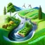 Placeholder: Generate an image of a tranquil nature scene, with a meandering river flowing through lush forests and rolling hills. Showcase elements of renewable energy, such as wind turbines or solar panels, discreetly integrated into the landscape, symbolizing the harmony between creativity and sustainability in a natural environment.