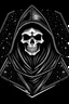 Placeholder: retro cartoon skeleton in a black hooded cloak drawn in a retro mascot style, inside a light diamond shape on a black background, monochromatic